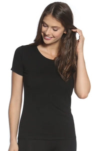 Woman wearing a black short sleeve Pima cotton loungewear sleepwear tee