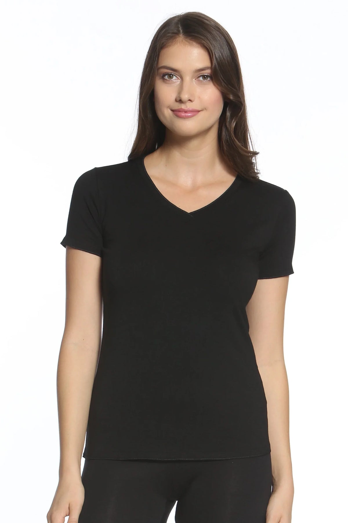 Woman wearing a black short sleeve V-neck loungewear tee, front view