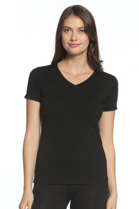 Woman wearing a black short sleeve V-neck loungewear tee, front view