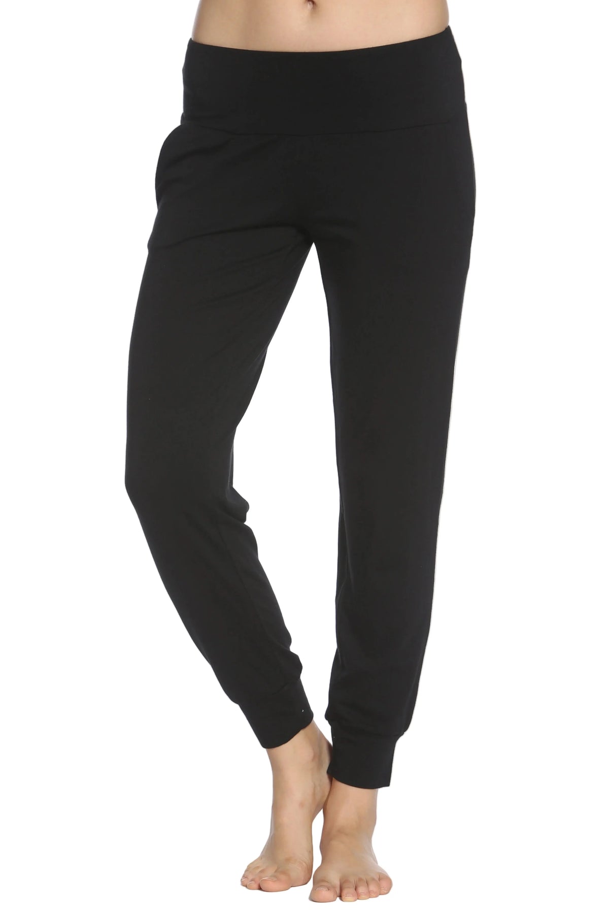 Black Pima cotton loungewear sleep pants with wide waistband and tapered cuffs