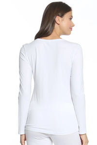 Woman wearing white long sleeve lounge top and pants, back view, on white background