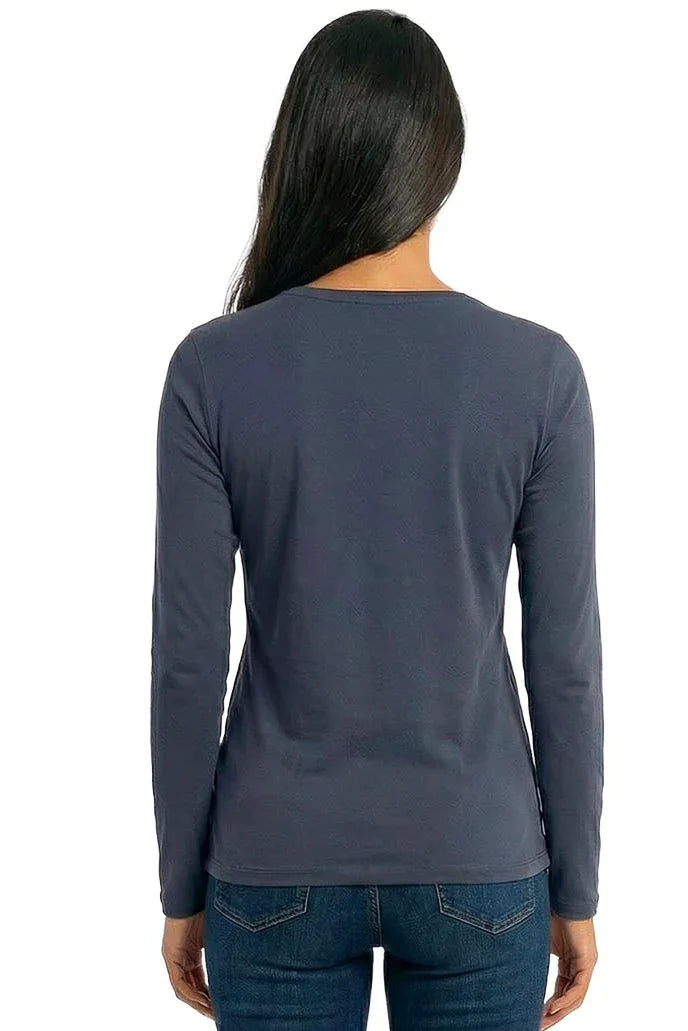 Woman wearing a steel blue long sleeve Pima cotton tee and jeans, back view