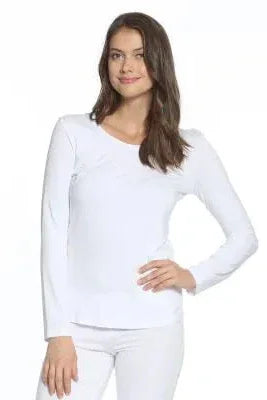 Woman wearing long sleeve white Pima cotton loungewear sleep top and pants