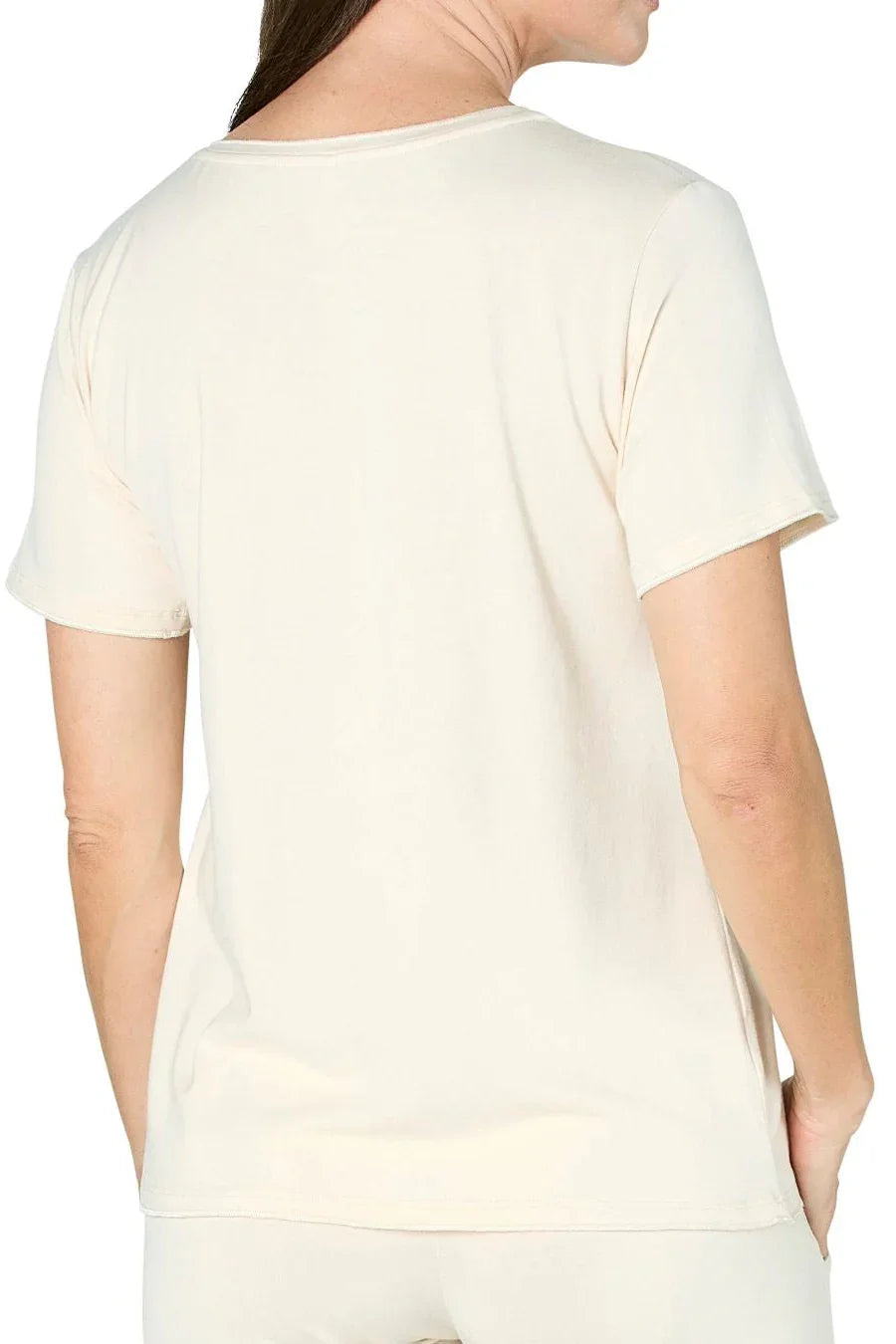 Back view of woman wearing almond beige short sleeve Pima cotton loungewear tee