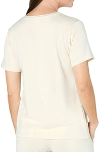 Back view of woman wearing almond beige short sleeve Pima cotton loungewear tee
