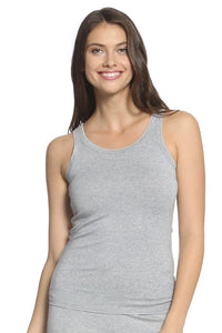 Woman wearing heather gray Pima cotton tank top loungewear, sleeveless, relaxed fit