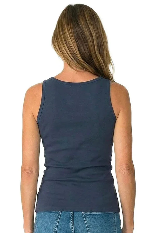 Woman wearing a steel blue sleeveless cotton tank top and blue jeans, back view