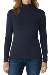 Navy turtleneck t-shirt worn by a woman on a white background