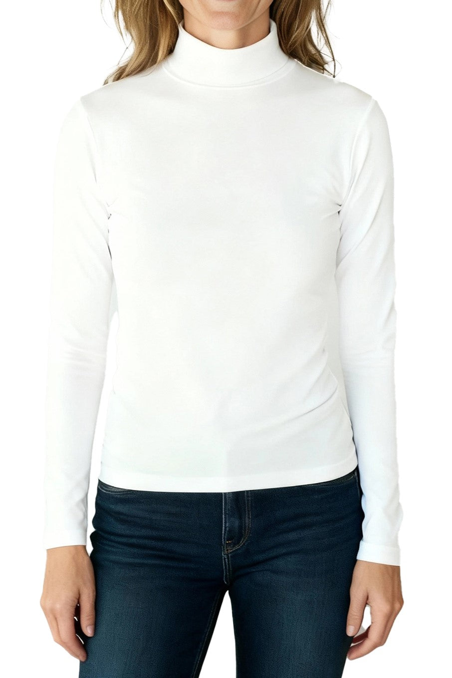 White turtleneck t-shirt worn by a woman on a white background