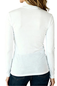 White long-sleeve turtle neck t-shirt shirt worn by a woman on a white background