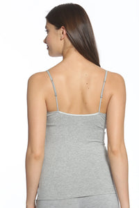 Back view of woman wearing heather grey cotton camisole loungewear with adjustable straps