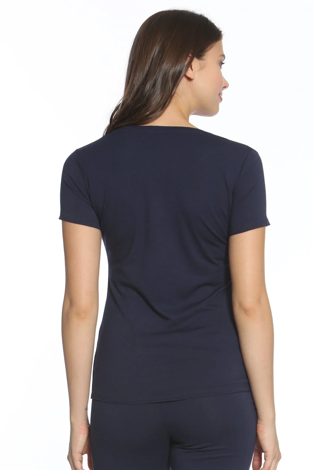 Woman wearing fitted navy short sleeve Pima cotton loungewear tee, back view