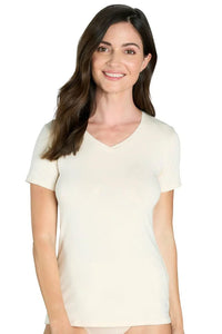 Woman wearing almond-colored Pima cotton short sleeve V-neck loungewear tee
