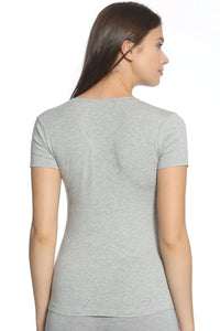 Woman wearing heather gray short sleeve Pima cotton loungewear tee, back view