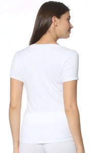 Woman wearing a short sleeve white Pima cotton loungewear tee, shown from the back