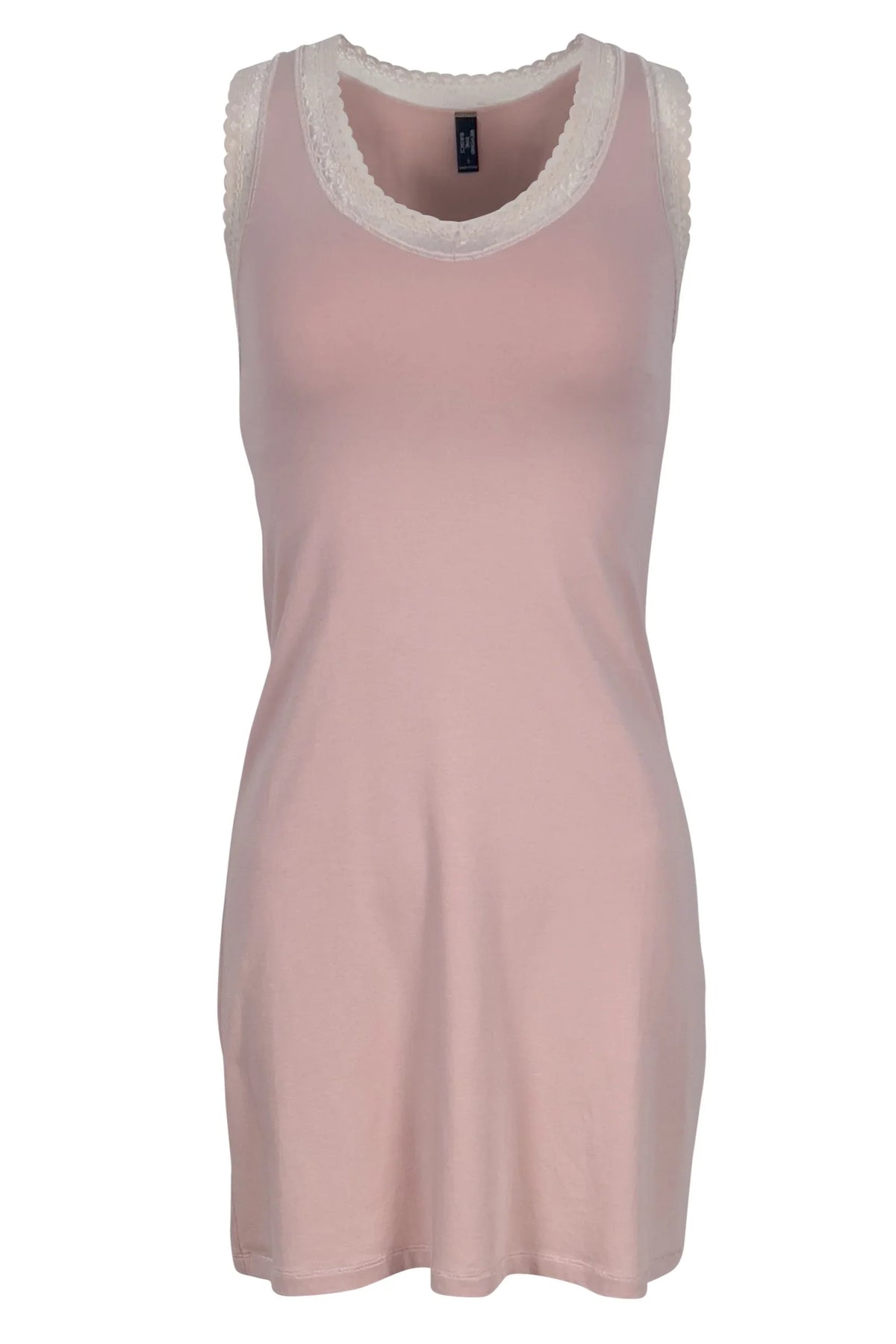 Shell pink sleeveless loungewear dress with white lace trim neckline and armholes