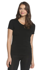 Woman wearing black short sleeve Pima cotton loungewear tee and leggings
