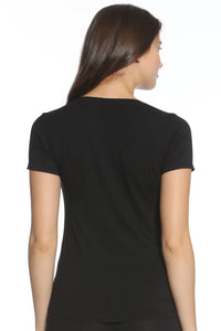 Back view of a woman wearing a black short sleeve Pima cotton loungewear tee