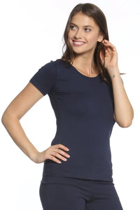 Woman wearing midnight blue short sleeve Pima cotton loungewear tee and matching bottoms