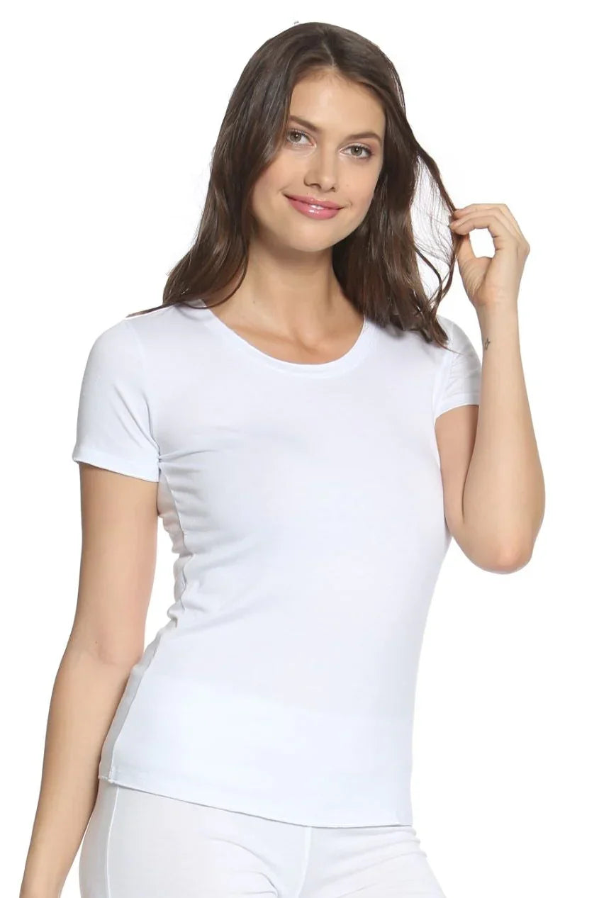 Woman wearing a white Pima cotton short sleeve lounge tee and matching pants