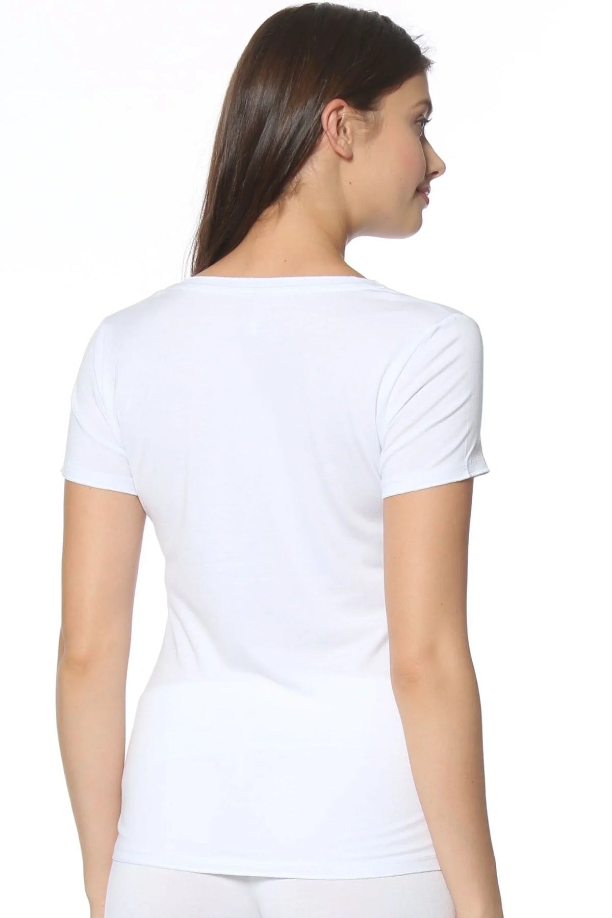 Woman wearing white short sleeve Pima cotton loungewear tee, back view
