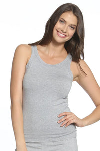 Woman wearing a heather gray Pima cotton loungewear sleep tank top, white background