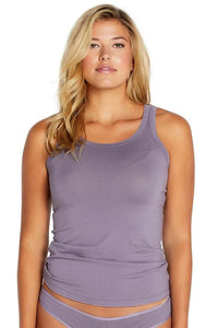 Woman wearing lavender Pima cotton loungewear tank and matching intimates