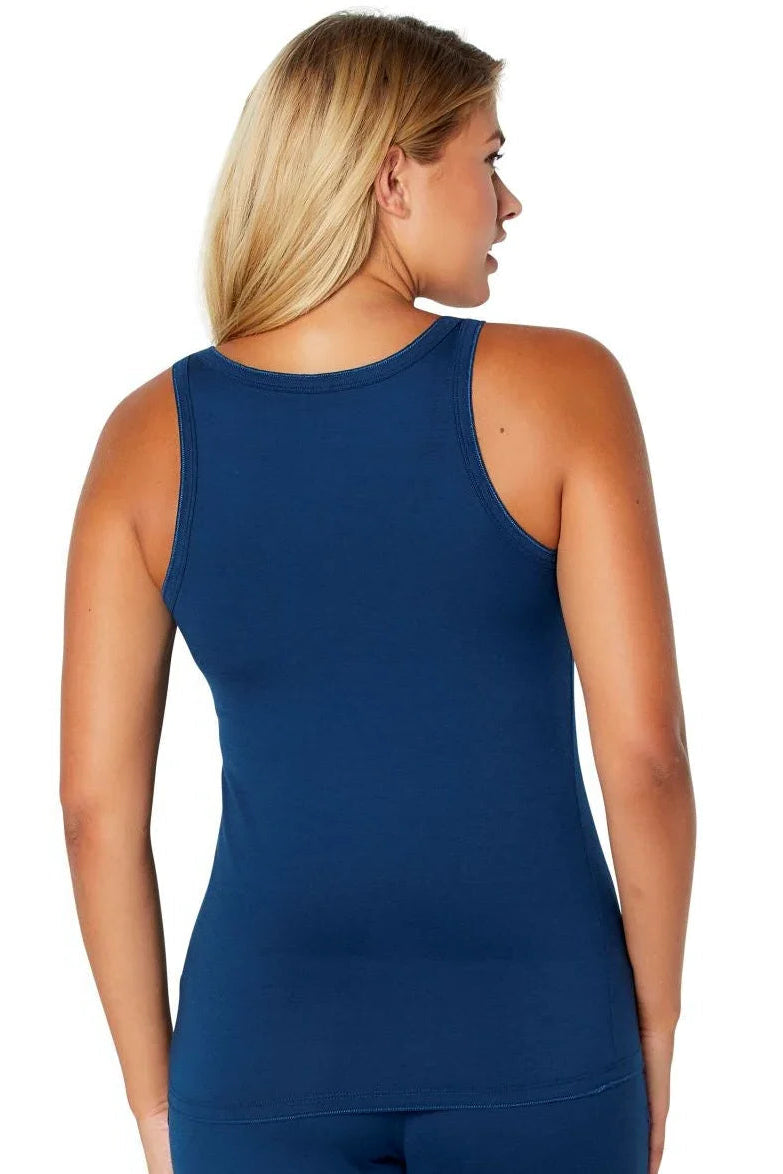 Woman wearing blue sleeveless Pima cotton loungewear top, shown from the back