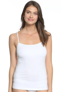 Woman wearing a white Pima cotton camisole loungewear top with thin straps, studio shot