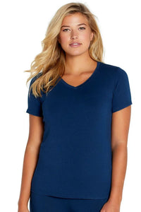 Woman wearing a blue short sleeve V-neck Pima cotton sleepwear tee against white background