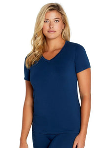 Woman wearing a navy blue short sleeve V-neck loungewear sleep shirt