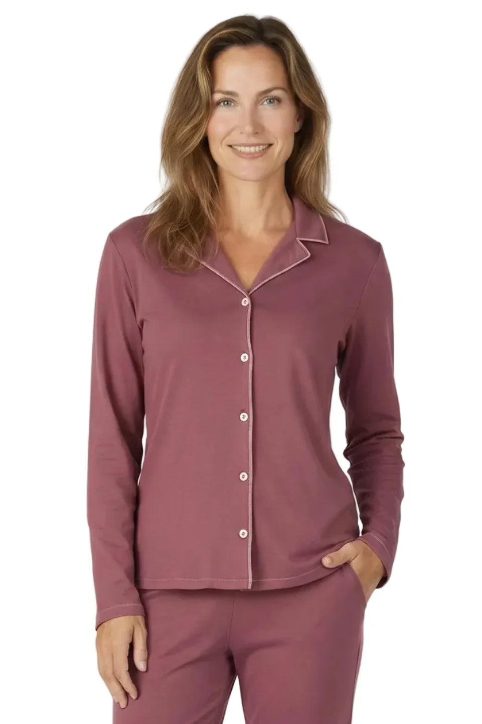 Woman wearing rosewood pink long sleeve button-up Pima cotton pajama set