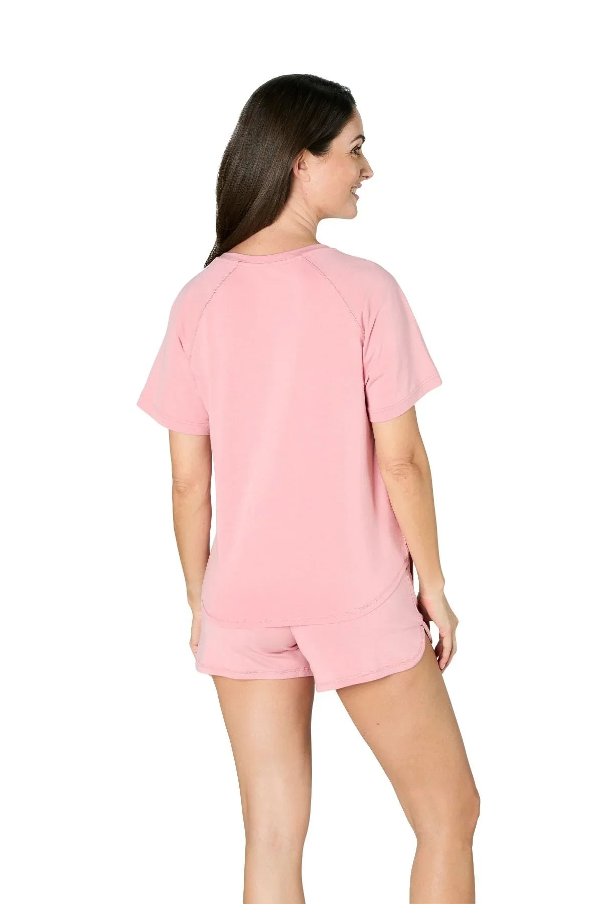 Woman wearing pink short sleeve Pima cotton loungewear sleepwear set, back view