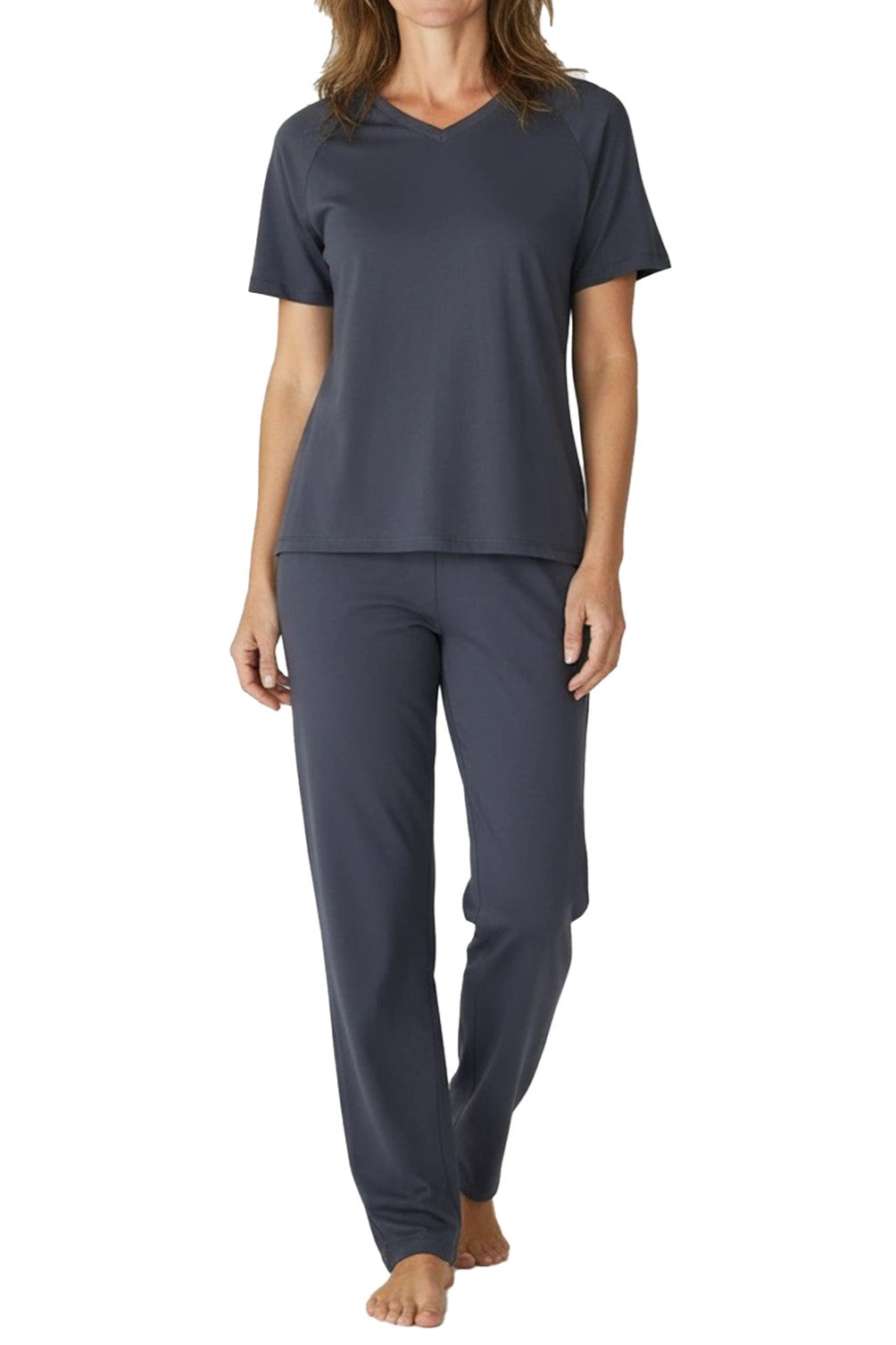 Woman wearing steel blue short-sleeve v-neck top and matching pants loungewear set