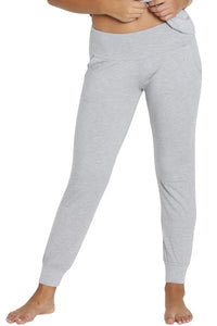 Heather gray women's Pima cotton lounge pants with wide waistband and cuffed ankles