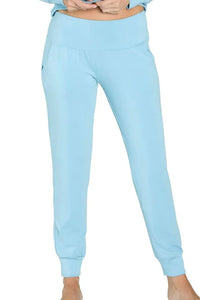Sky blue women’s lounge pants in soft cotton with a wide waistband and relaxed fit