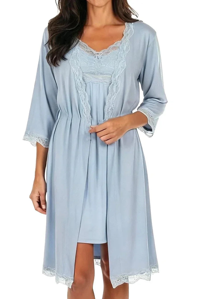 Light blue lace trim loungewear robe and nightdress set for women