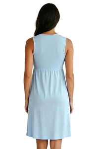 Back view of woman wearing light blue sleeveless Pima cotton loungewear dress
