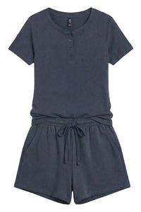 Steel blue short sleeve henley loungewear romper with drawstring shorts, flat lay