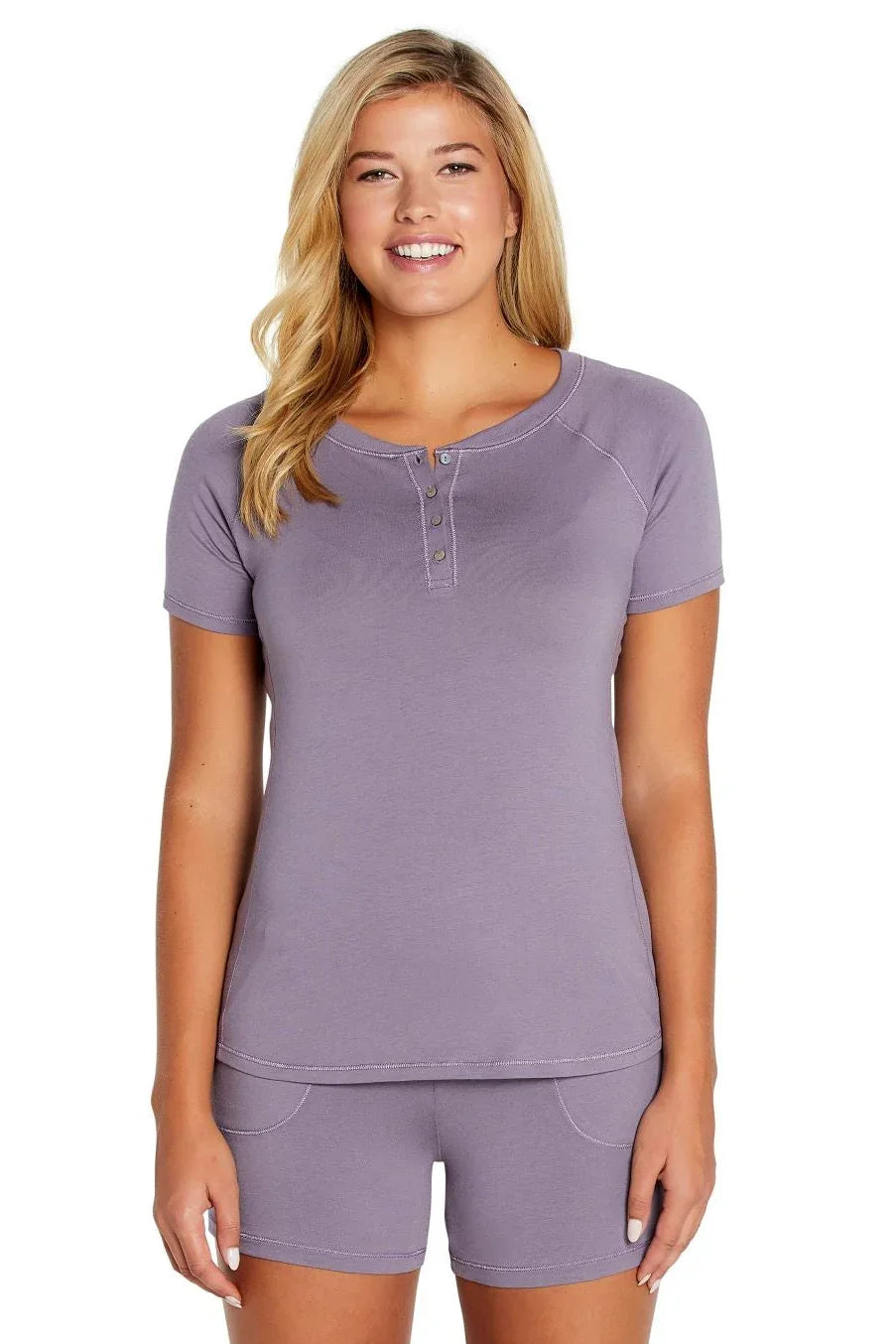 Woman wearing lavender Pima cotton loungewear sleep set with short sleeves and shorts