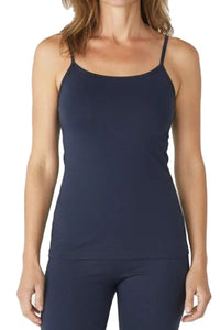 Woman wearing steel blue fitted camisole tank top with thin straps and matching bottoms
