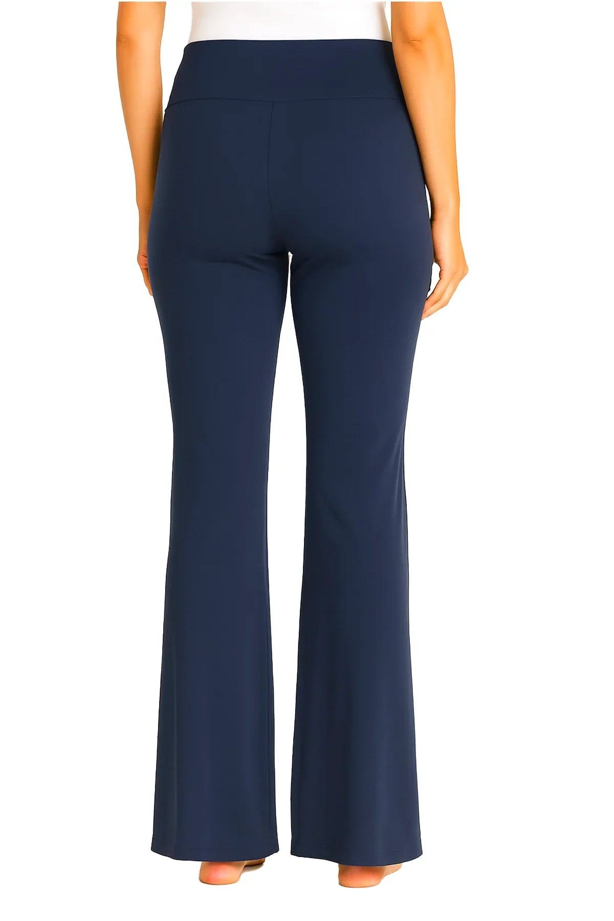 Back view of woman wearing steel blue high-waisted flare pants on white background