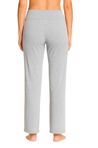 Back view of woman wearing heather gray lounge pants with wide waistband barefoot on white background