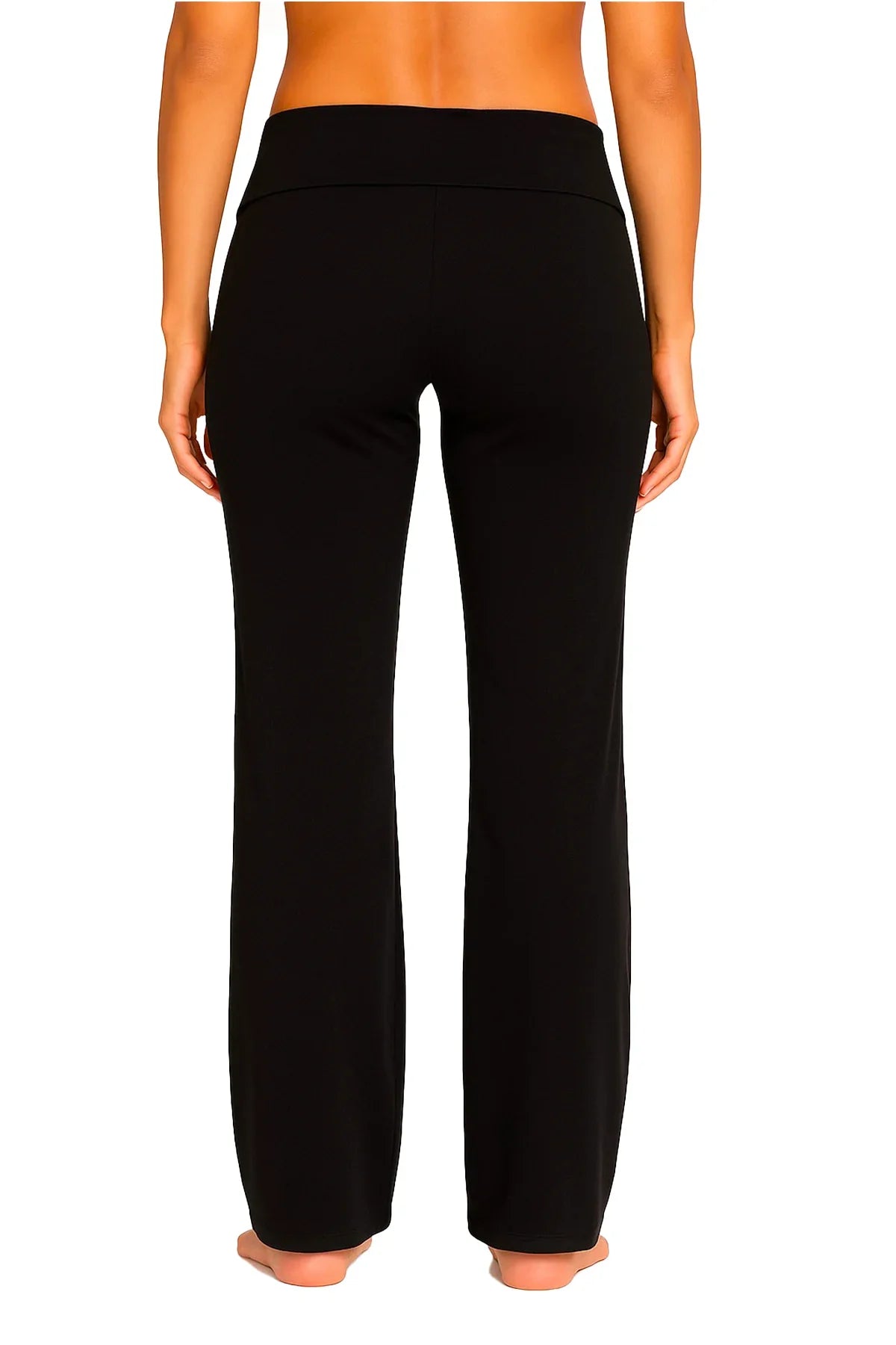 Back view of woman wearing black lounge pants with a wide waistband on white background