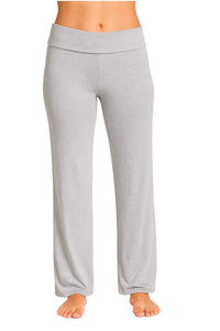 Heather gray women's lounge pants with wide waistband and relaxed fit, barefoot model