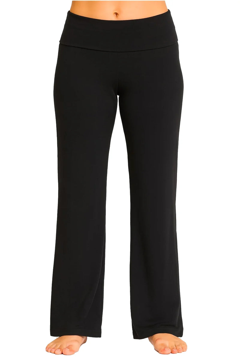 Black yoga pants featuring a wide waistband, worn barefoot on a plain white background