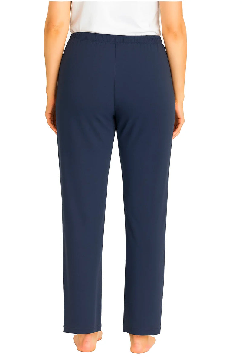Back view of person wearing steel blue elastic waistband lounge pants with straight legs