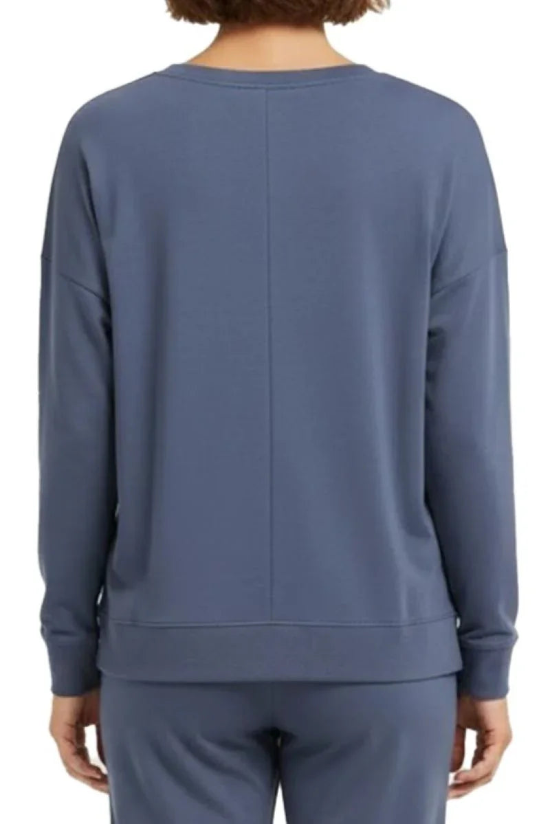 Back view of person wearing steel blue long-sleeve sweatshirt and matching pants