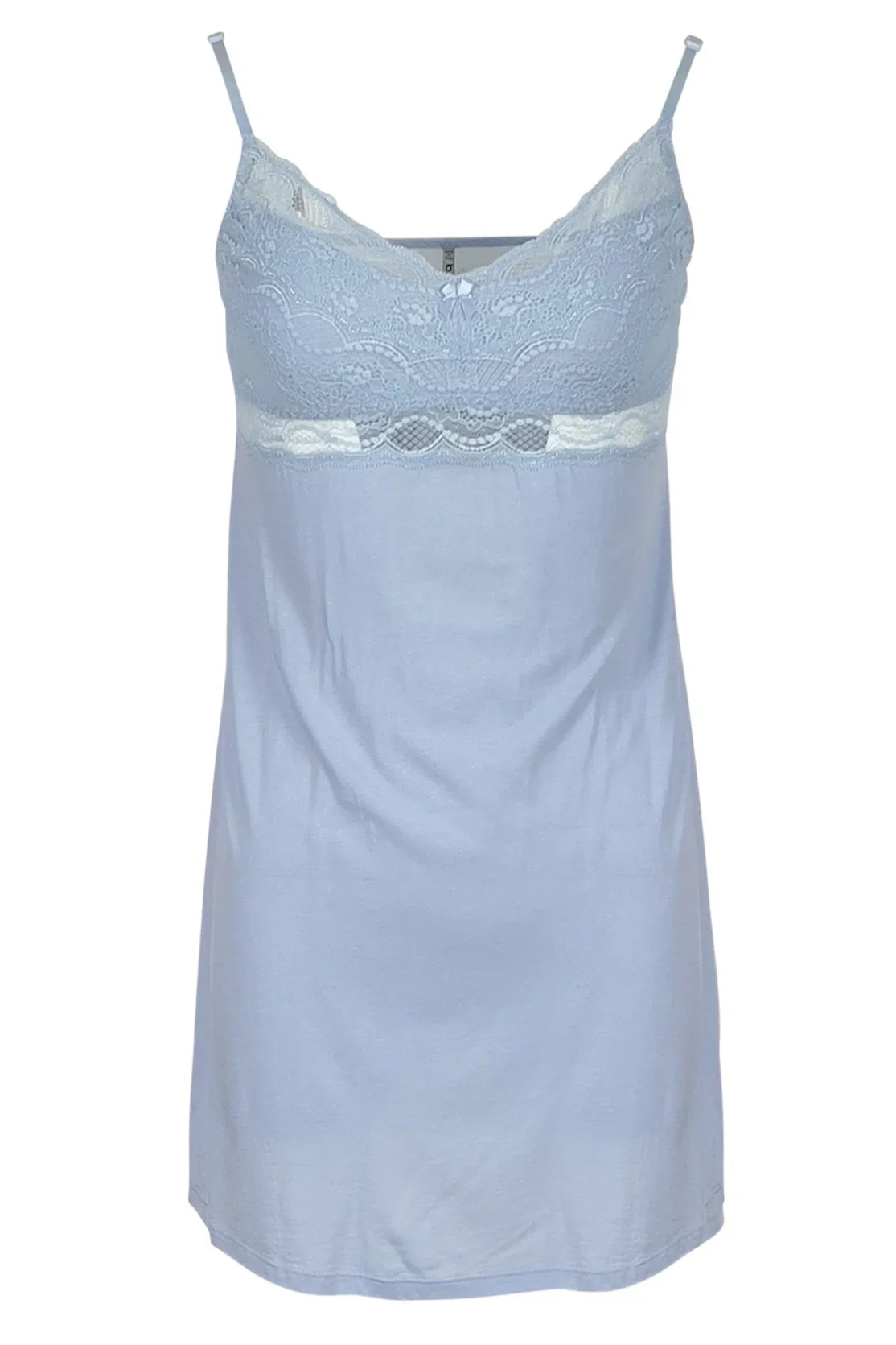 Light blue women's nightdress with lace detailing and adjustable shoulder straps on white background