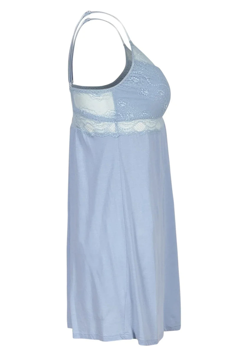 Light blue chambray nightgown with lace detailing and adjustable straps